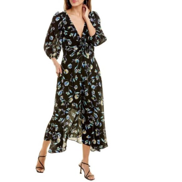 NICHOLAS Danielle Midi Dress Size 2 Black Floral V-Neckline - Picture 1 of 14